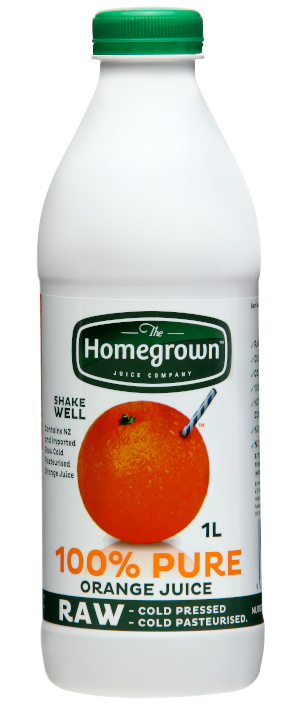 Homegrown 100% pure orange juice in a white bottle with green cap and orange label