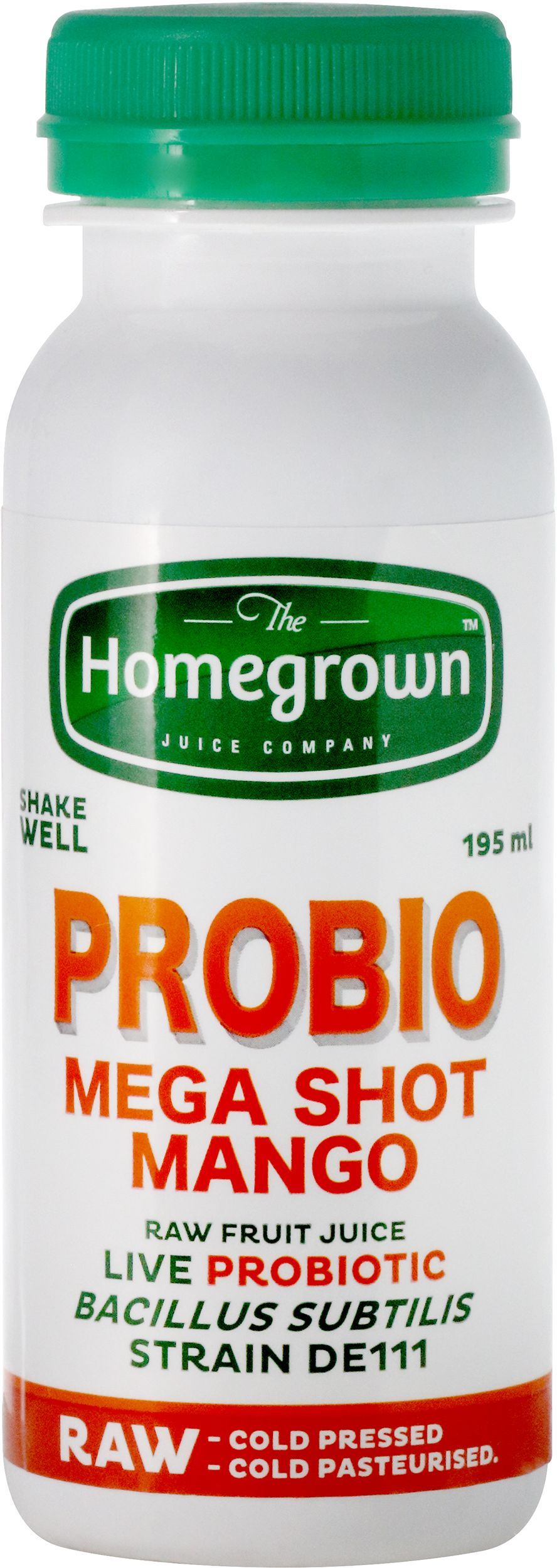 Homegrown probiotic supplement bottle with green cap and label reading “Pro10 Mega Shot Mango”