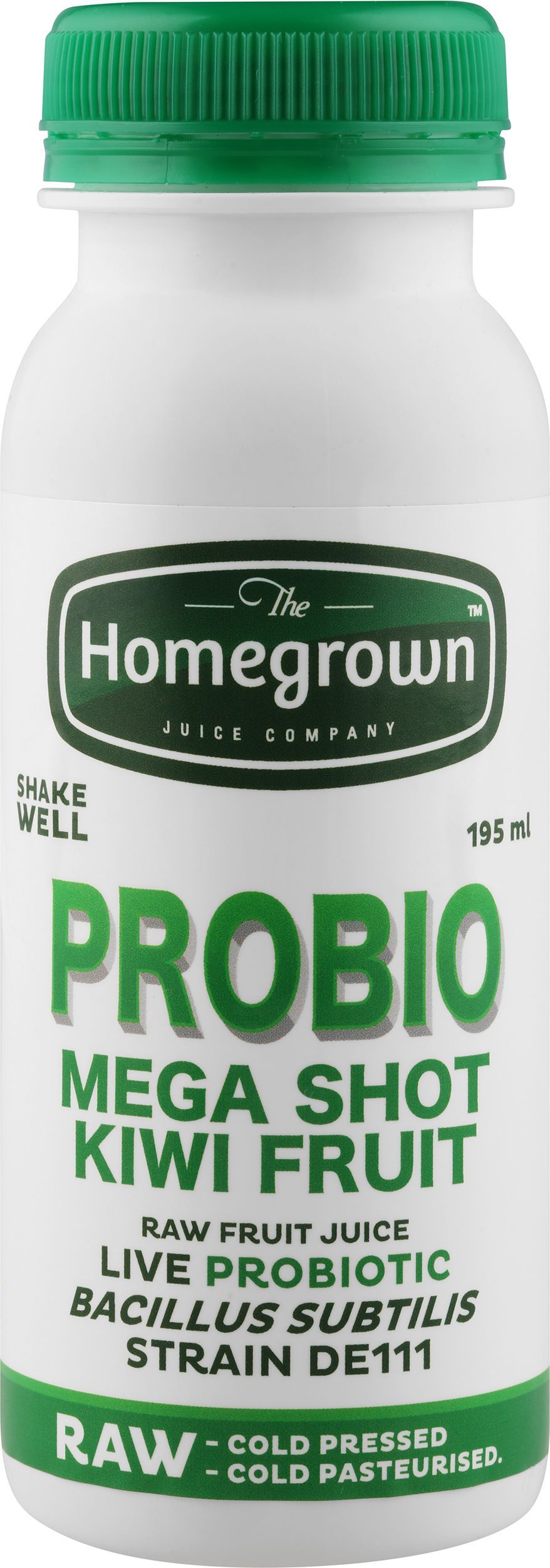 Homegrown ProBio Mega Shot Kiwi flavor bottle with green cap and white label