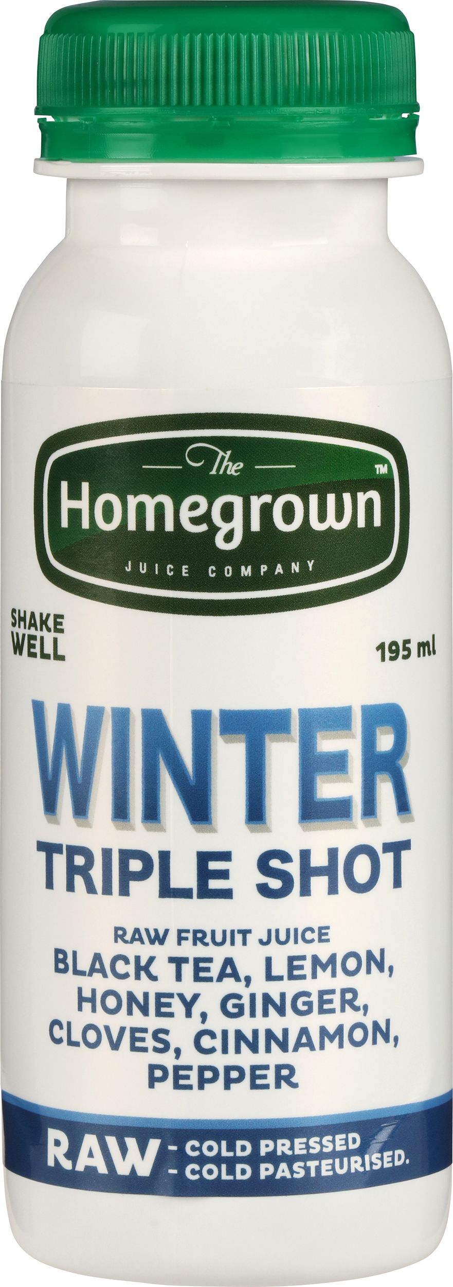 White bottle with green cap labeled “Homegrown Winter Triple Shot” herbal supplement.