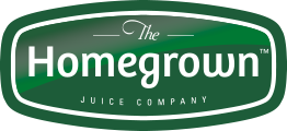 The Homegrown Juice Company logo in white text on a green oval background
