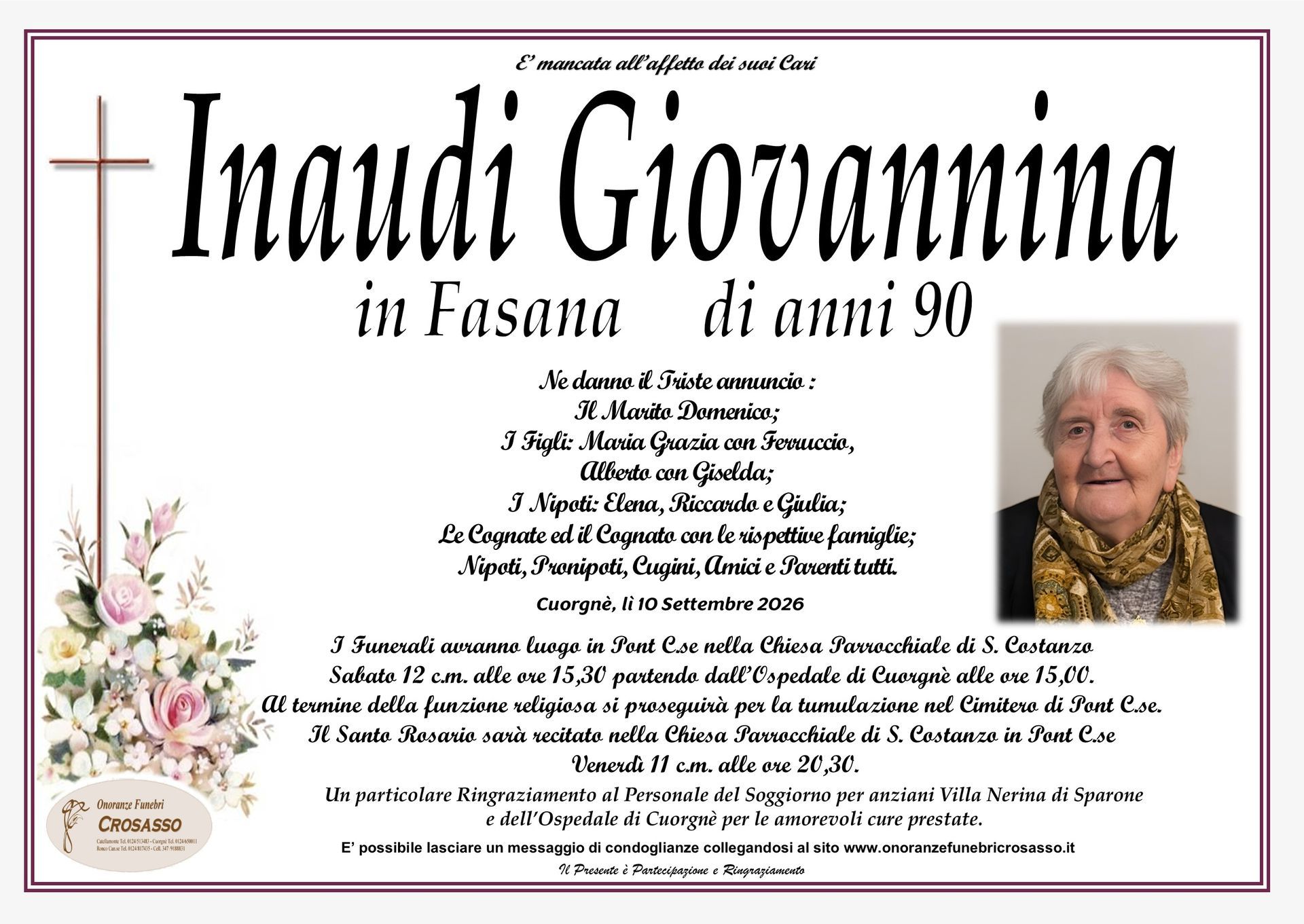 Immaginetta commemorativa per Inaudia Giovannina a Esomo, 90 anni, con decorazioni floreali e foto ritratto
