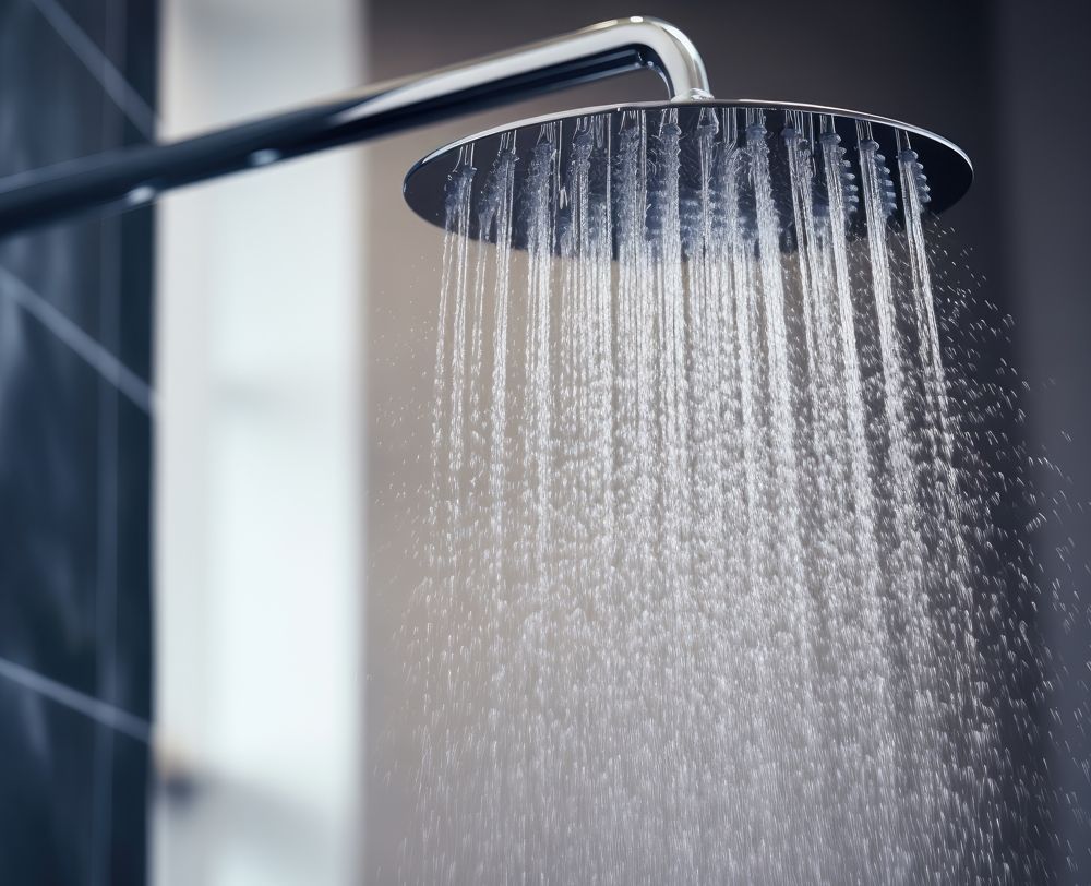 Shower head with water spraying downwards, in a bathroom setting.