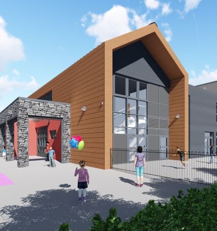 Exterior rendering of a modern building with children walking nearby, trees, and blue sky.