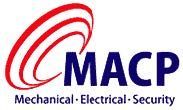 Logo for MACP, featuring red and white curved lines over blue 
