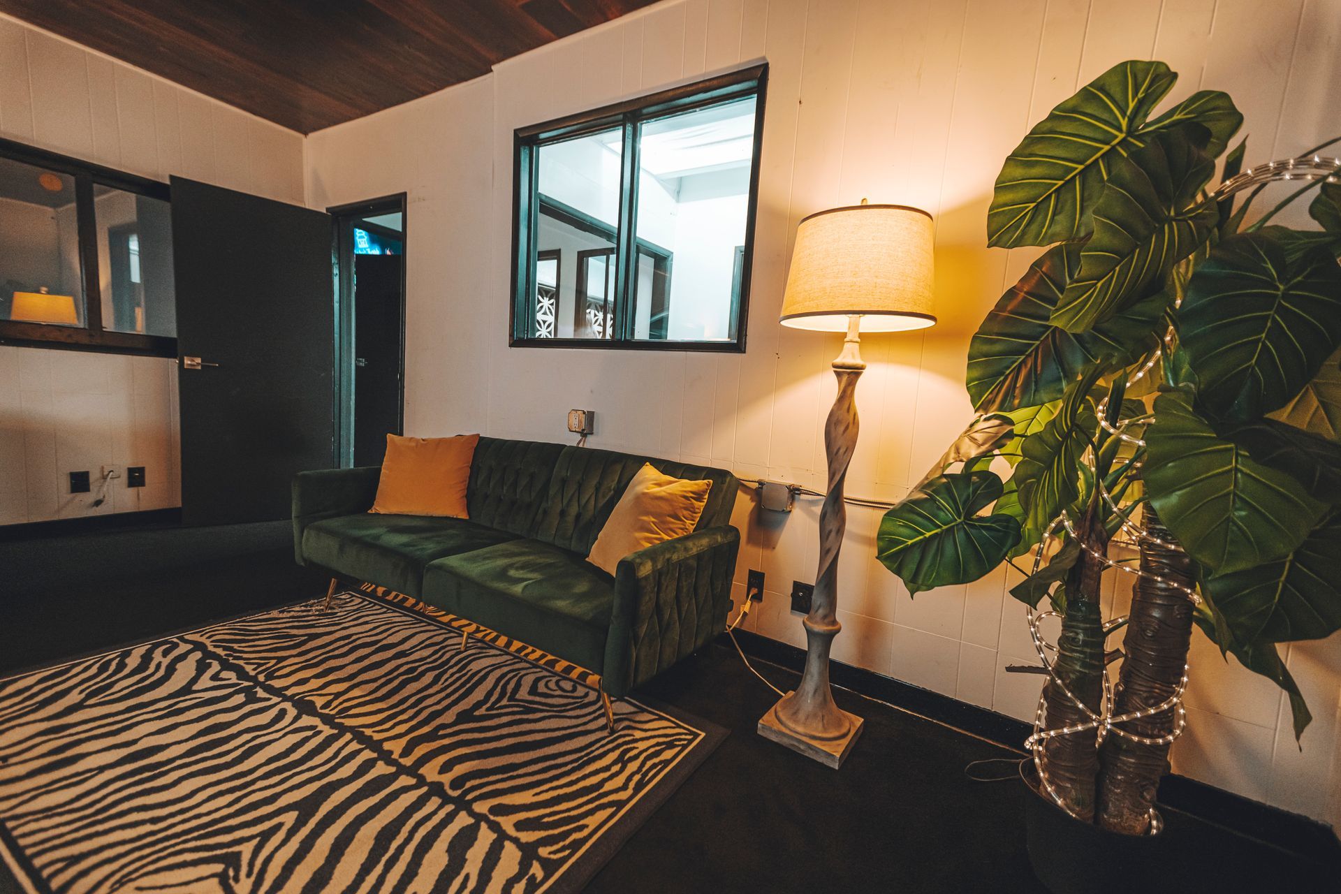 A living room with a couch , rug , lamp and plant.