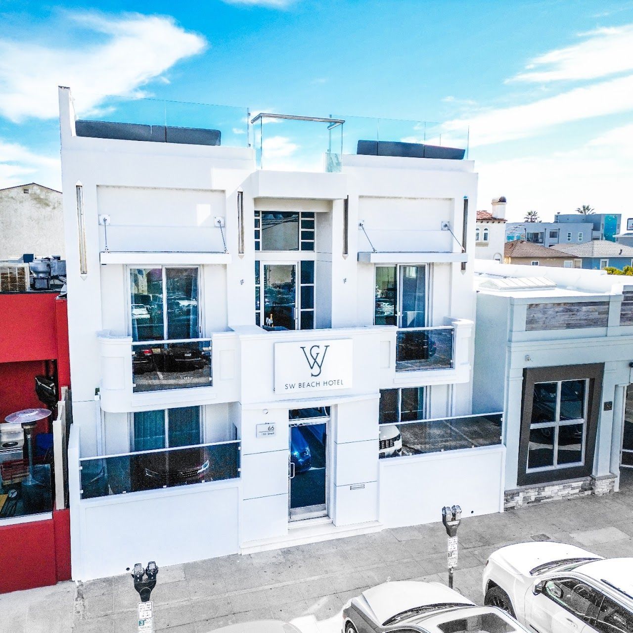 A white building with the letter y on it