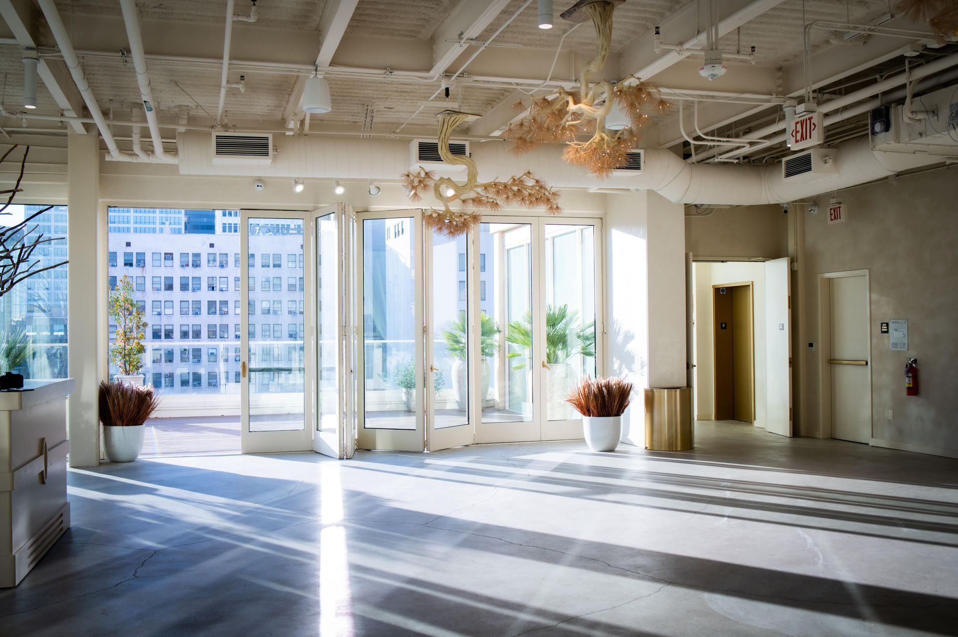 A large empty room with a lot of windows and doors