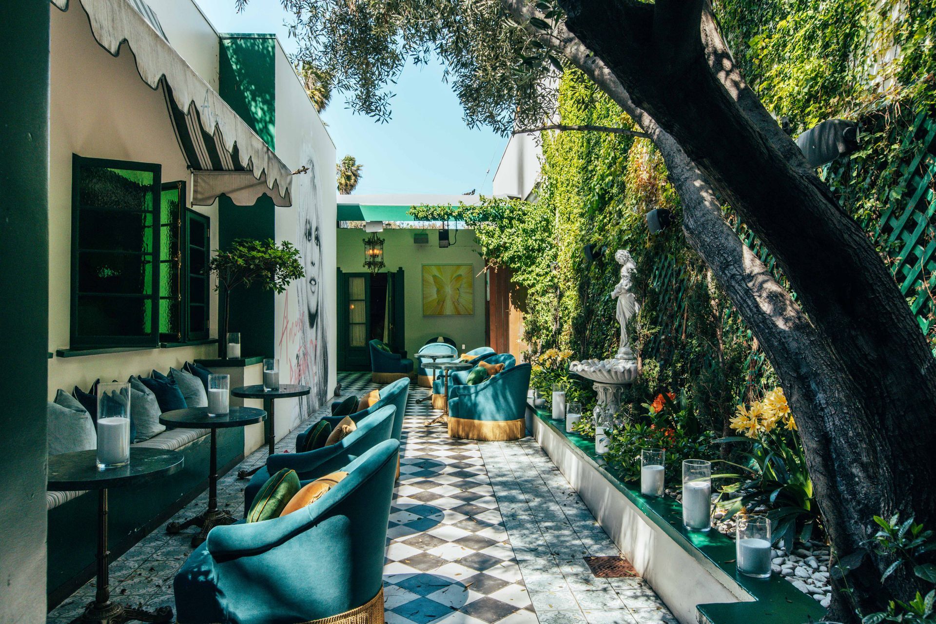A patio with chairs , tables and a tree in front of a building.