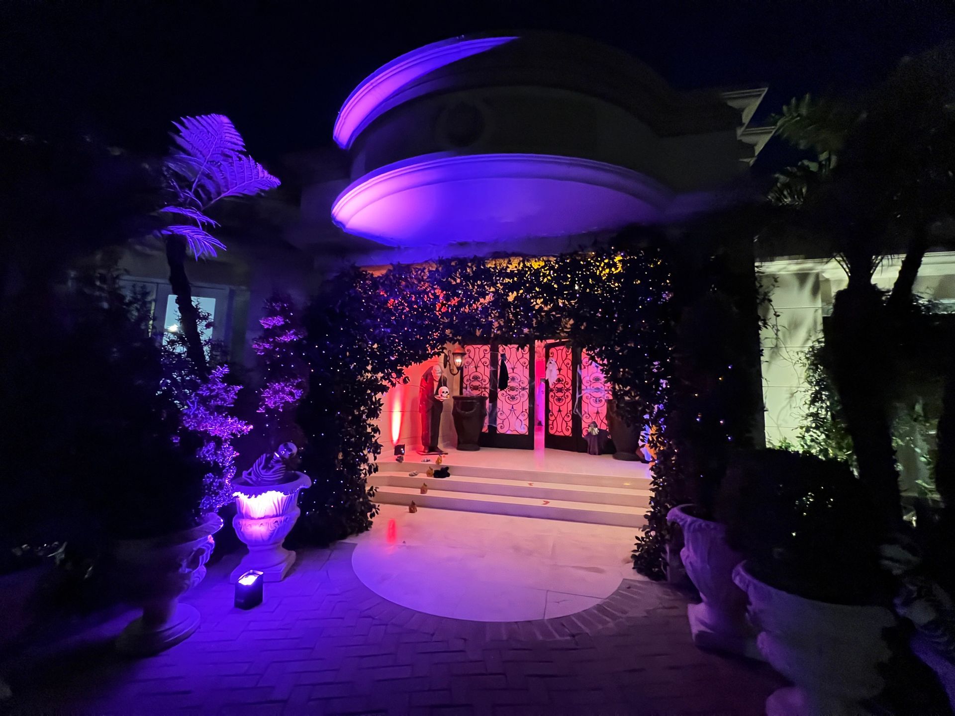 An entryway at night illuminated by purple architectural lighting and festive greenery with strings of small lights.