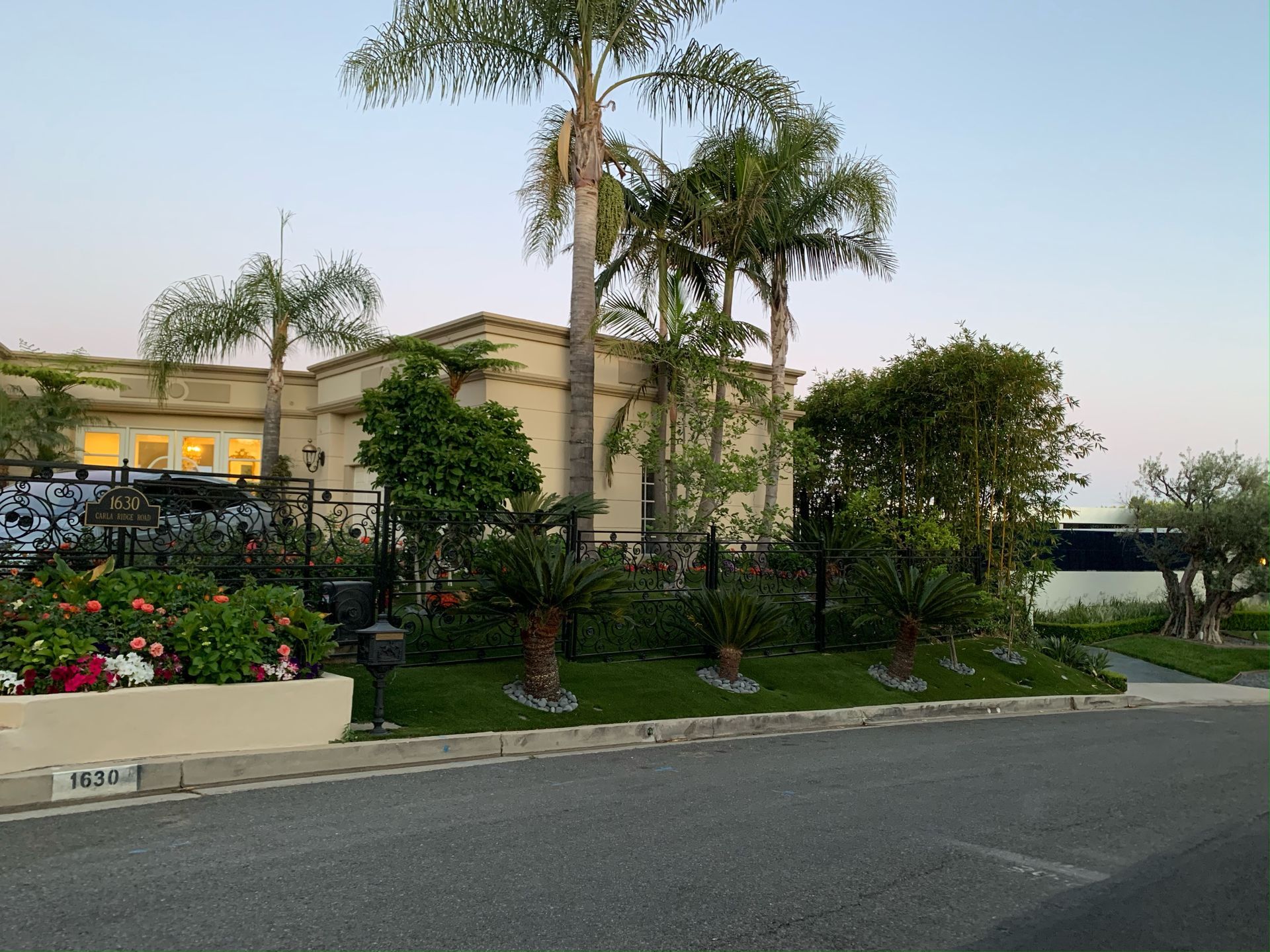 A tan, Mediterranean-style house partially obscured by palm trees, lush shrubs, and a black metal fence at dusk.