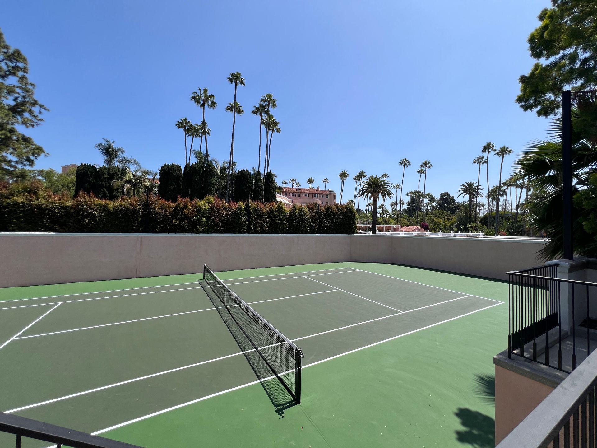 A green outdoor tennis court with a net, surrounded by a low wall and palm trees under a clear blue sky.
