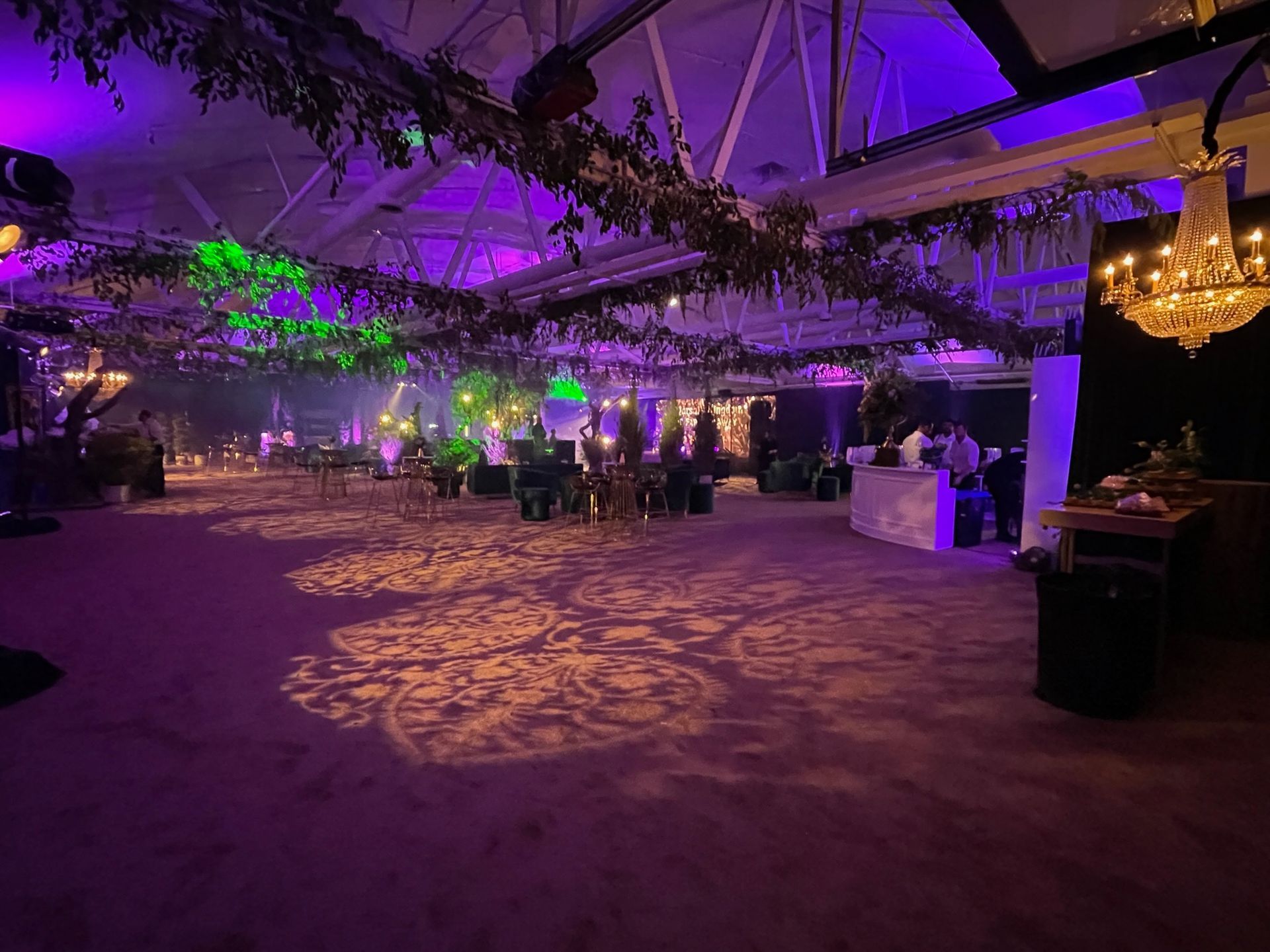 An event hall lit with purple and green lights, featuring hanging greenery and ornate patterns projected onto the floor.
