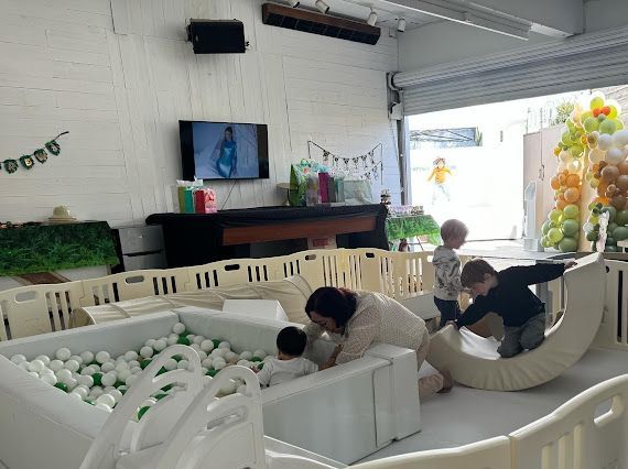 A woman and two children are playing in a ball pit.
