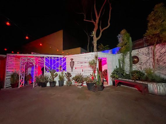 A building with a lot of potted plants in front of it at night.
