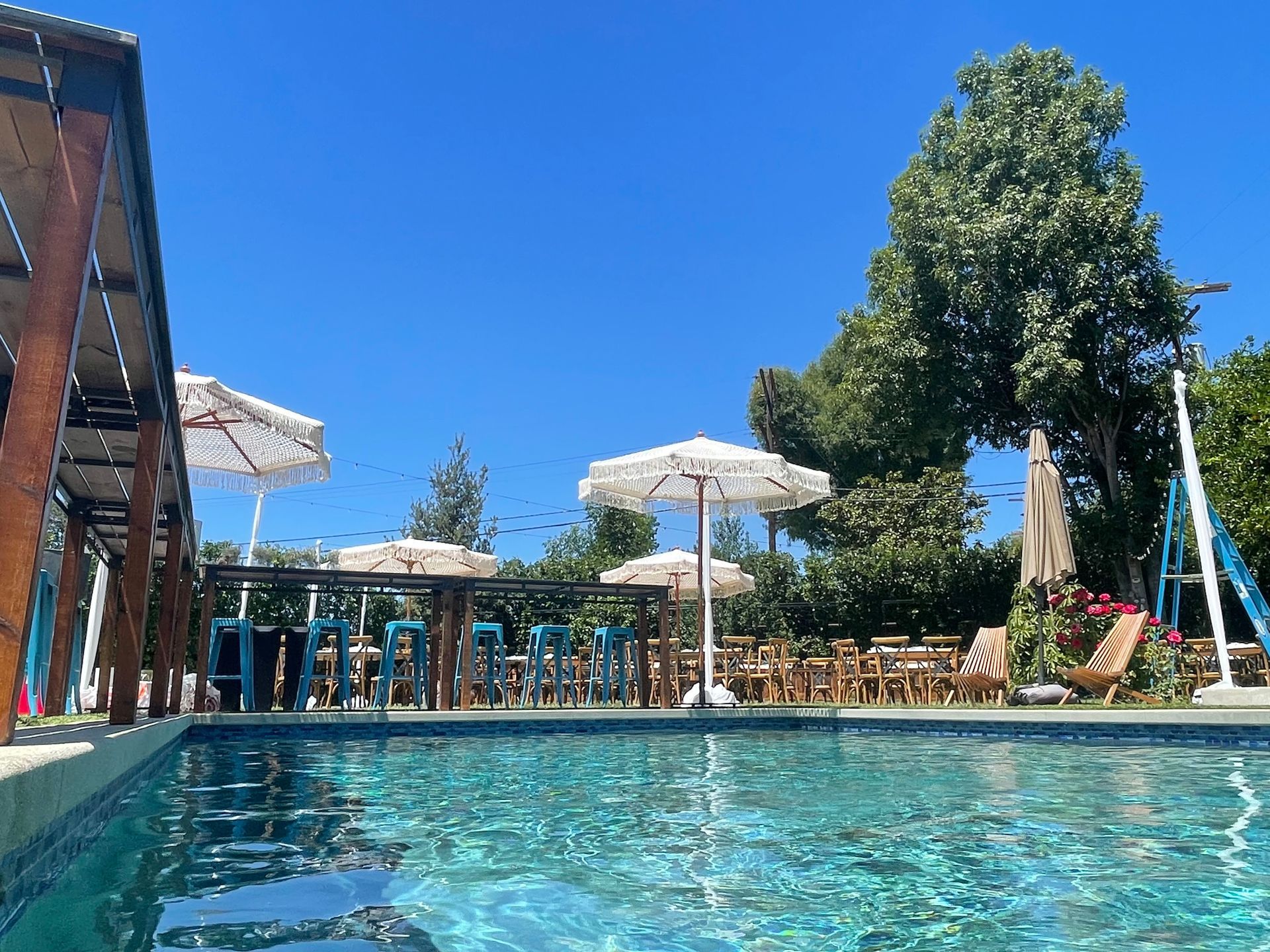 A large swimming pool surrounded by chairs and umbrellas on a sunny day.