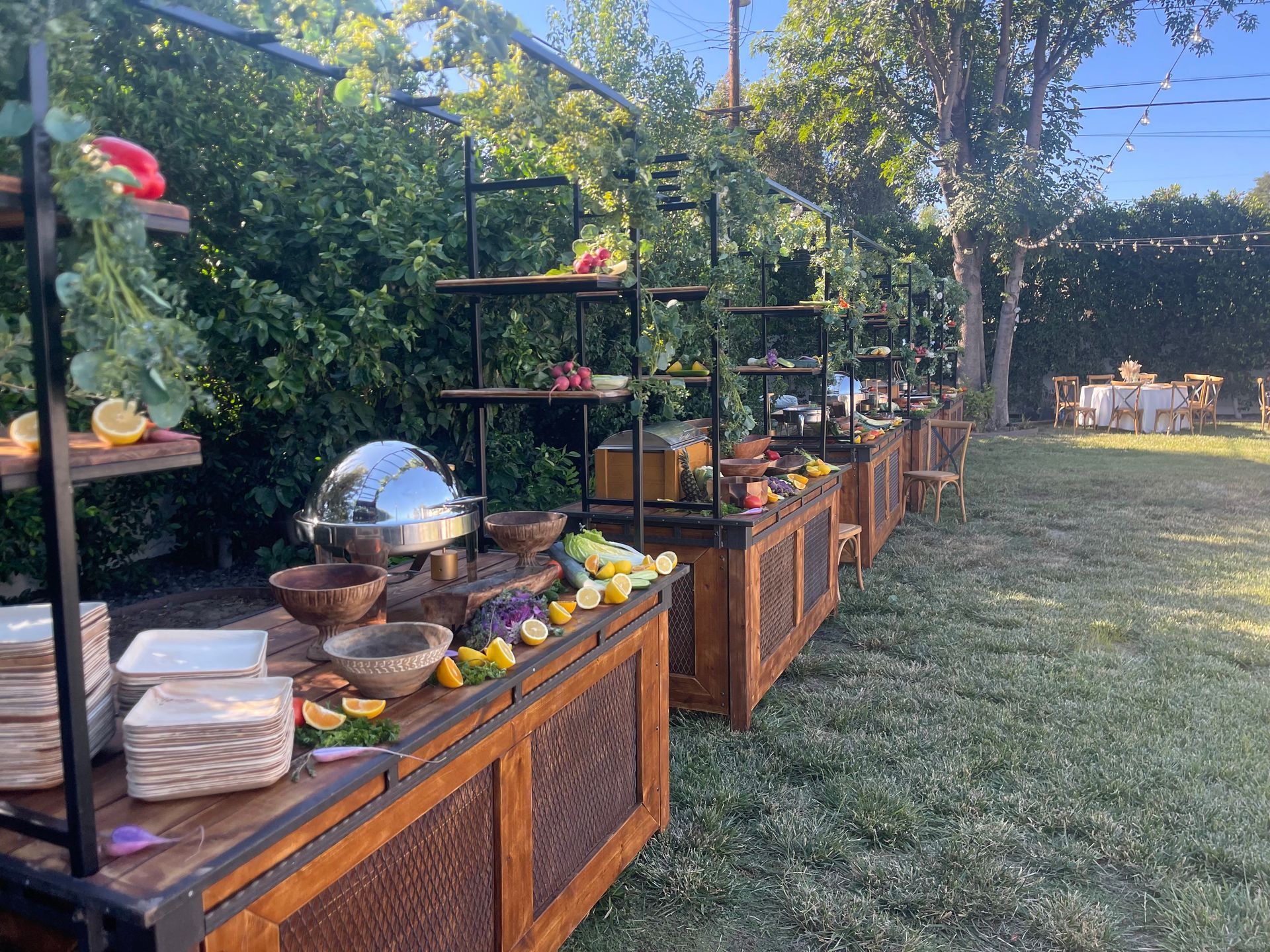 A buffet line in a backyard filled with lots of food.