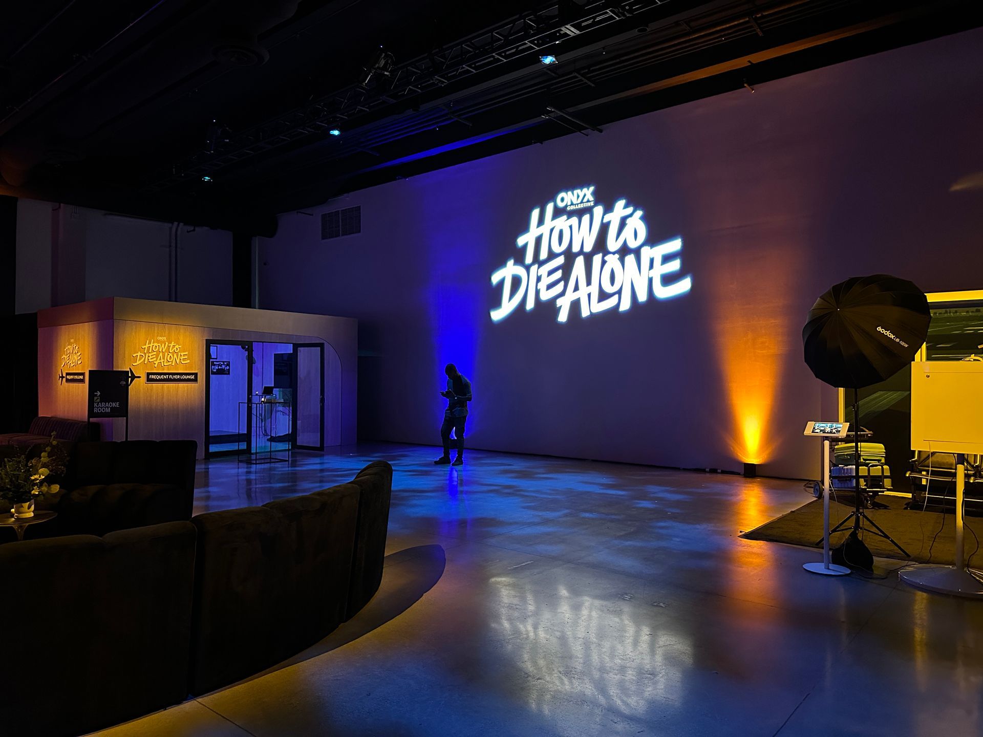 A dimly lit room with 