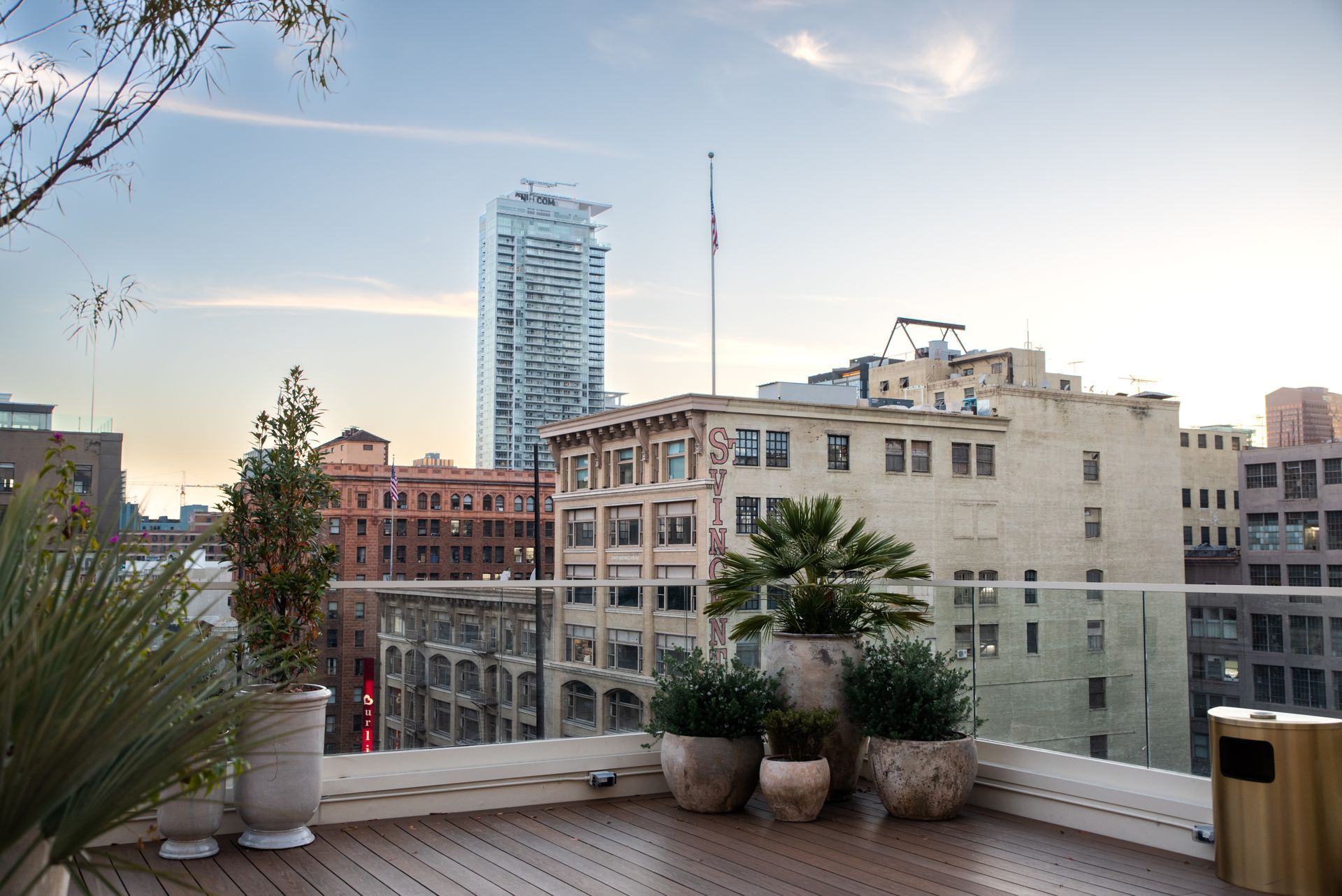 A balcony with potted plants and a view of a city