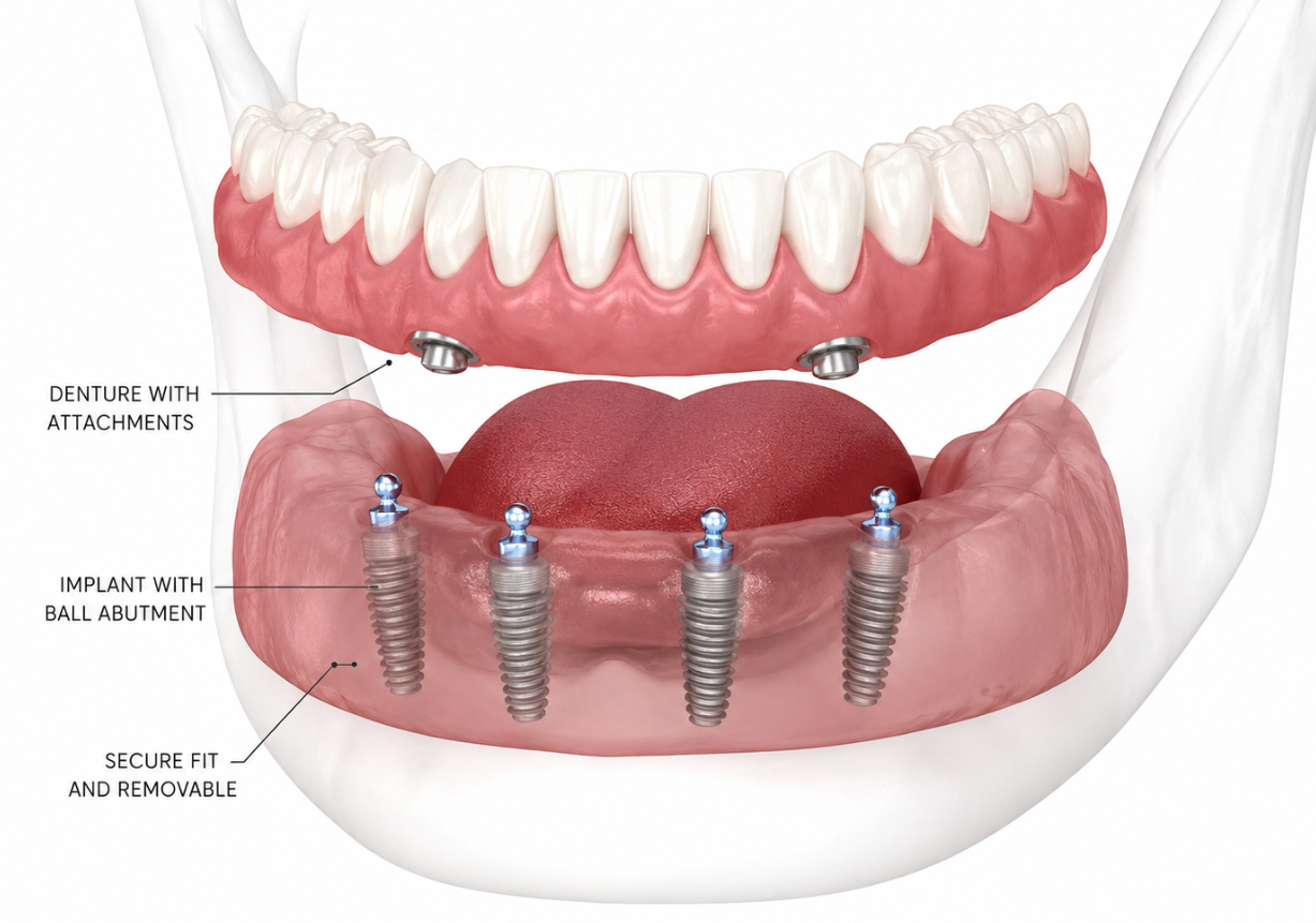 illustration of lower removable overdentures supported by four implants beneath an upper denture.