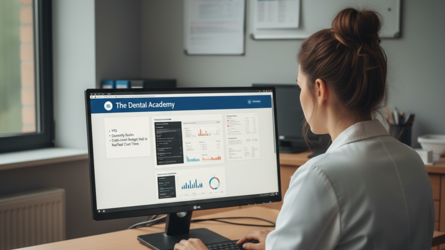 Woman in a white coat sitting at a computer, likely for dental training. Office setting, looking at a website dashboard.