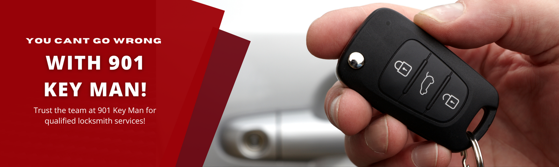 Red ad for a 2019 Kia Soul key fob held in front of a blurred car background