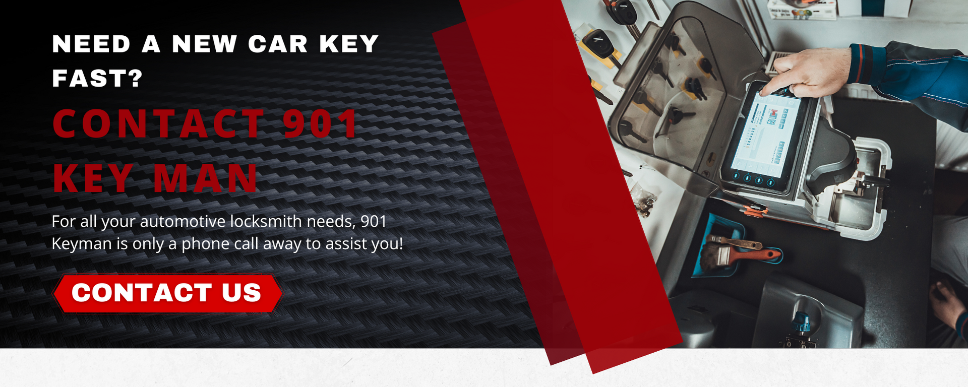 Car key replacement ad with contact number, red and black banner, and car interior photo