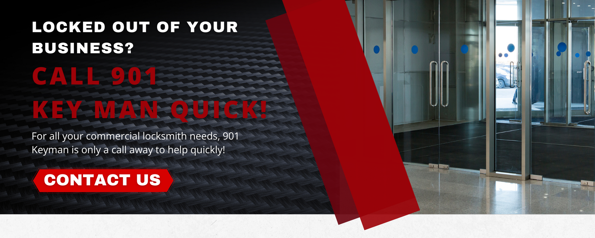 Locked out of your business? Red-and-black key maker ad with locksmith office and contact button