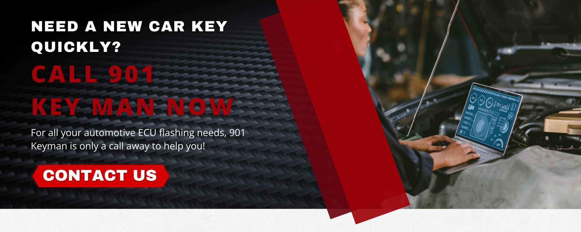 Auto locksmith ad: “Need a new car key quickly? Call us! Key man now.” Laptop and car key programming.