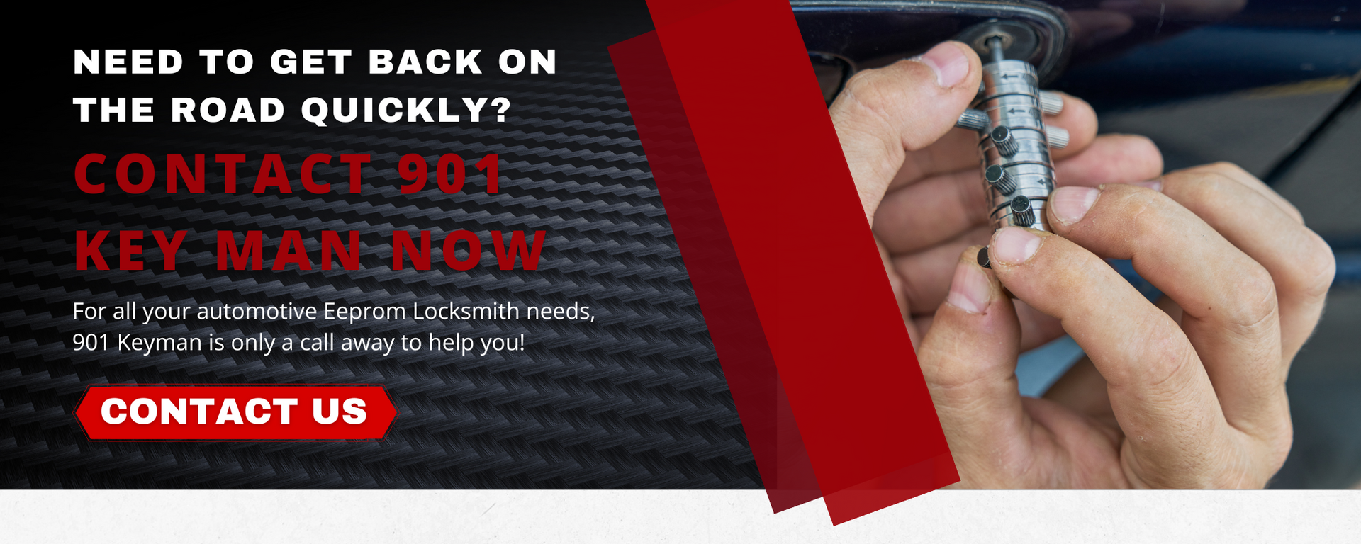 Roadside assistance ad with hands holding a car key, red “Contact Us” button, and “Key Man Now” text