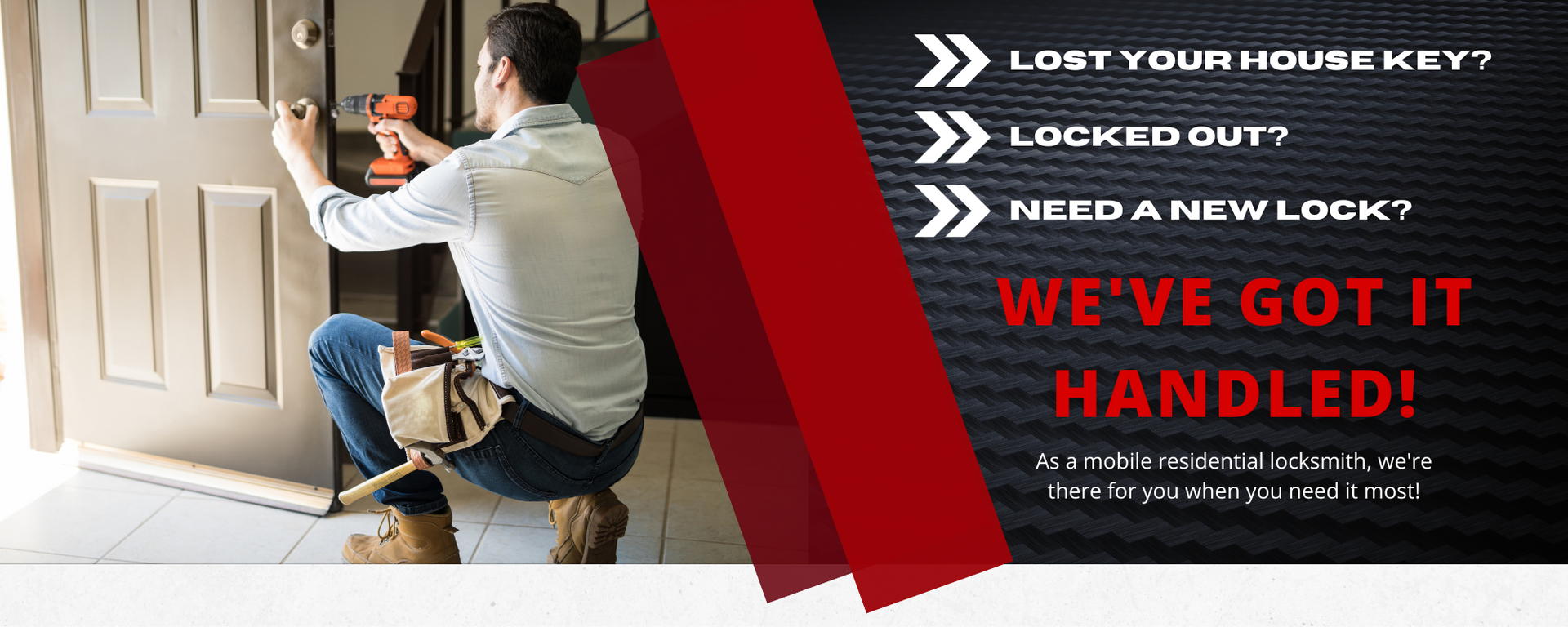Man opening a white door with locksmith ad text: “Lost your house keys? Need a new lock?”