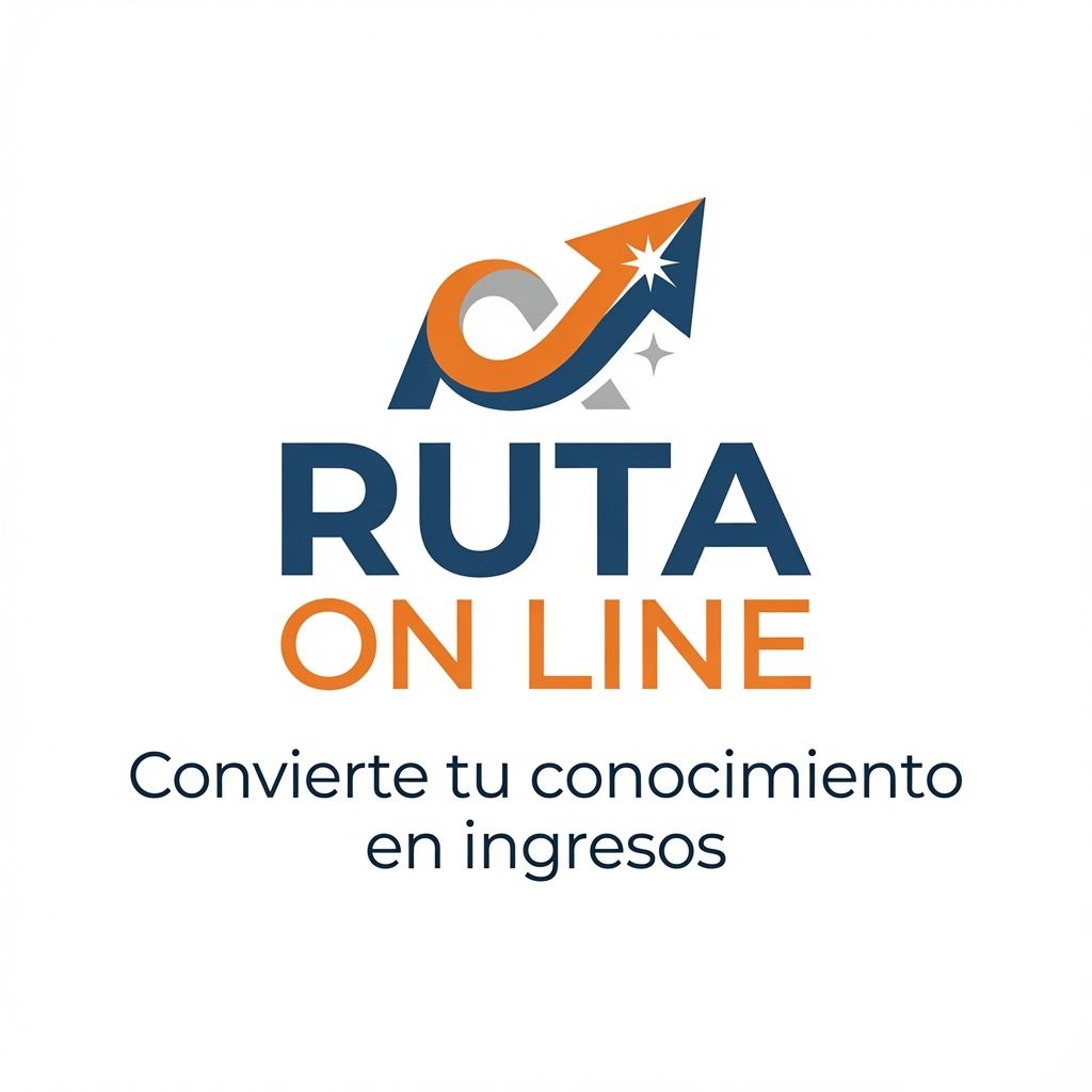 Logo de RUTA ON LINE en azul y naranja con el lema “Monetiza tu talento, traza tu éxito. Todo está en tu mente”.
