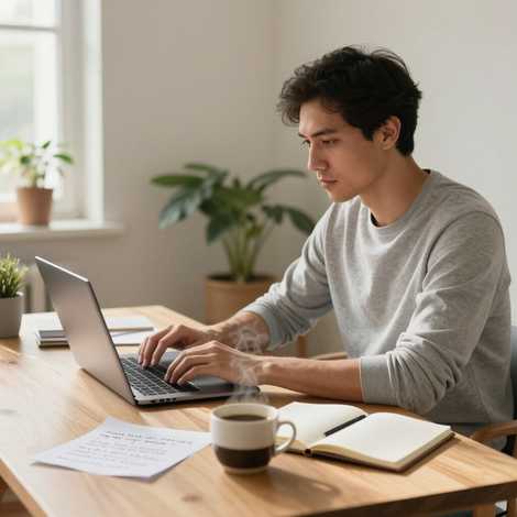 Una persona tecleando en un portátil en un escritorio de madera, con una taza de café y un cuaderno