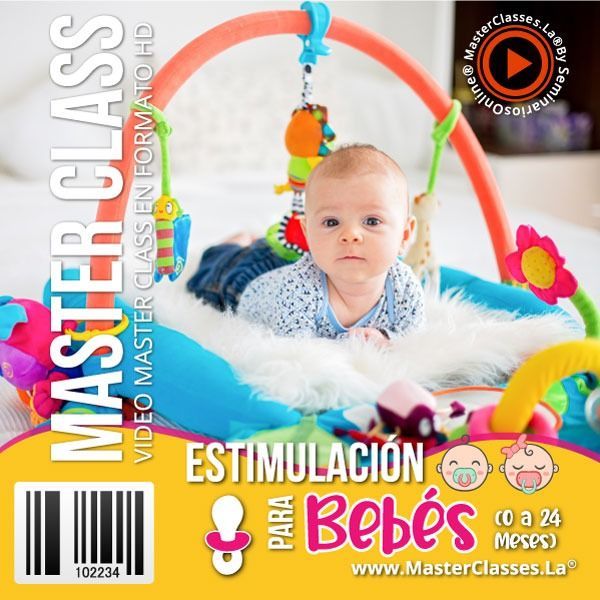 Bebé sobre una colorida colchoneta de gimnasia con juguetes colgantes
