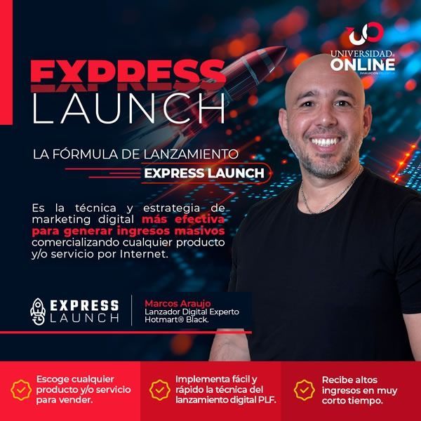 Promo gráfico oscuro de “Express Launch” con retrato de un hombre sonriente y texto sobre marketing y ingresos online