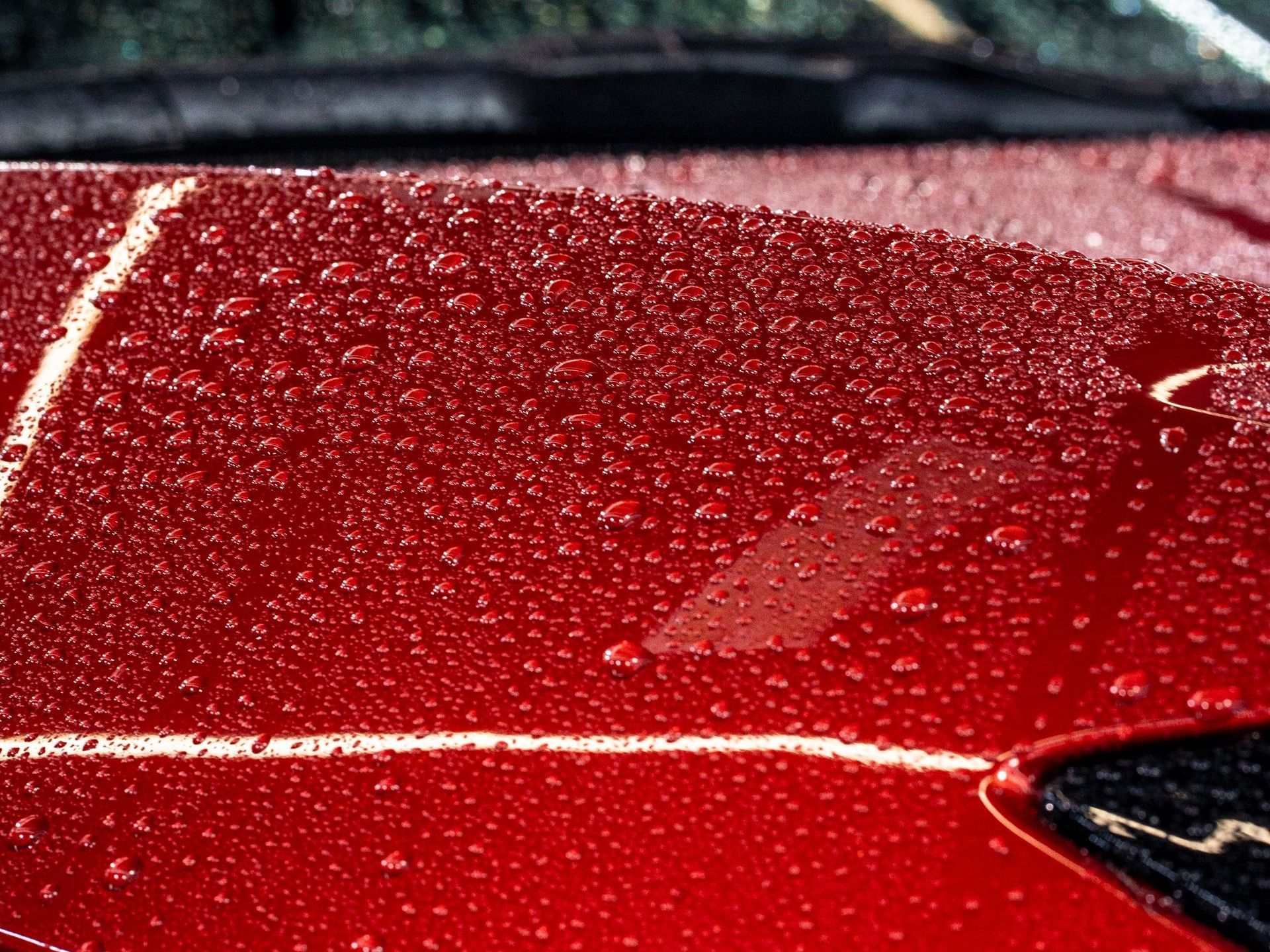 A close up of a red car with water drops on the hood.