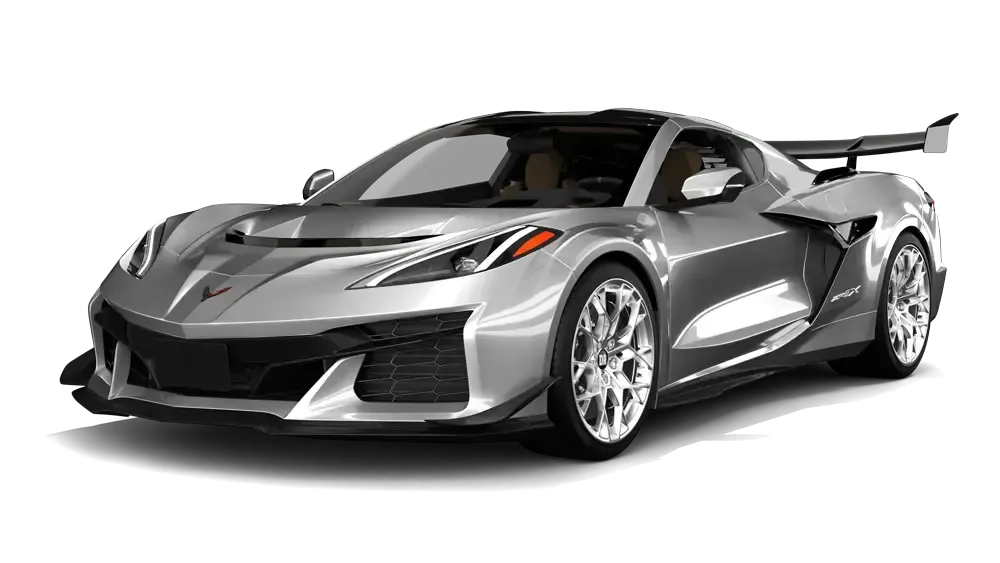 Silver sports car on a white background, angled front view with a large rear spoiler