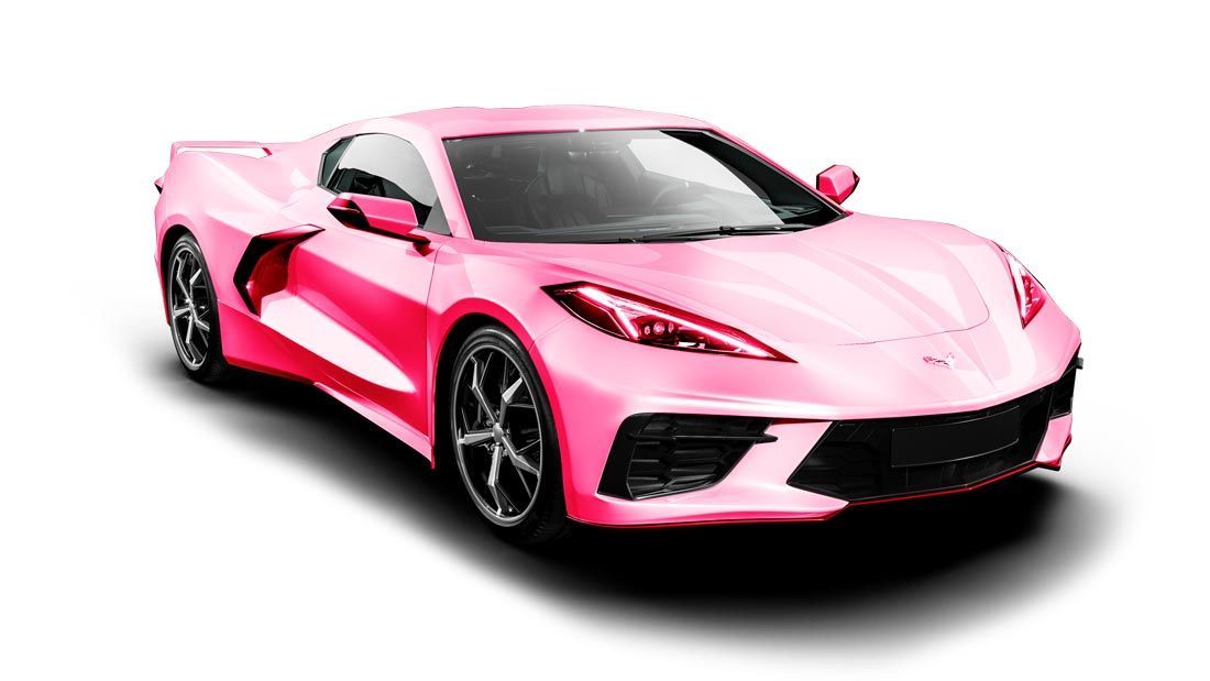 A pink corvette is on a white background.