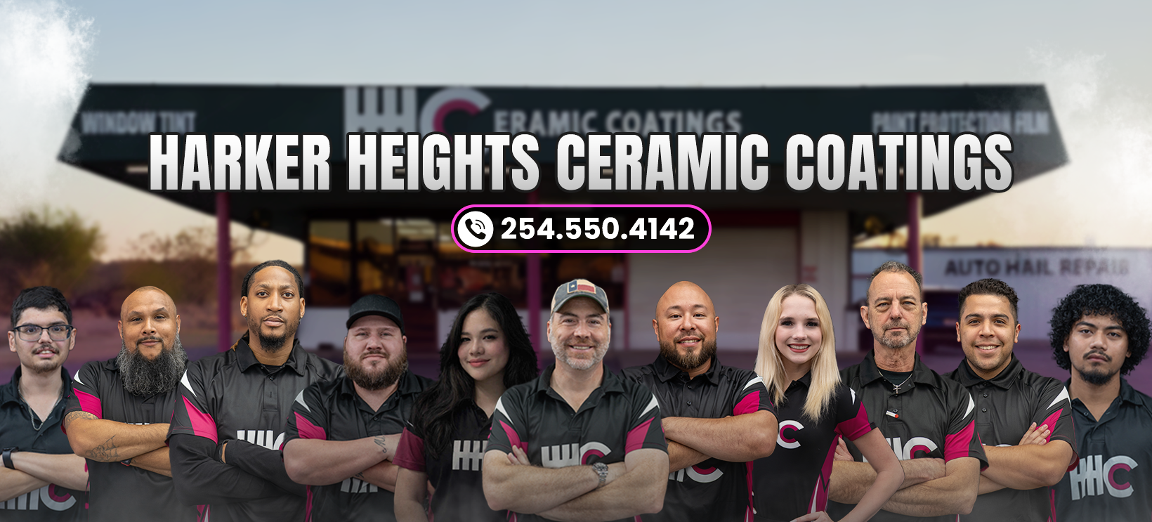 Harker Heights Ceramic Coatings team posing in black uniforms in front of a company banner with phone number.