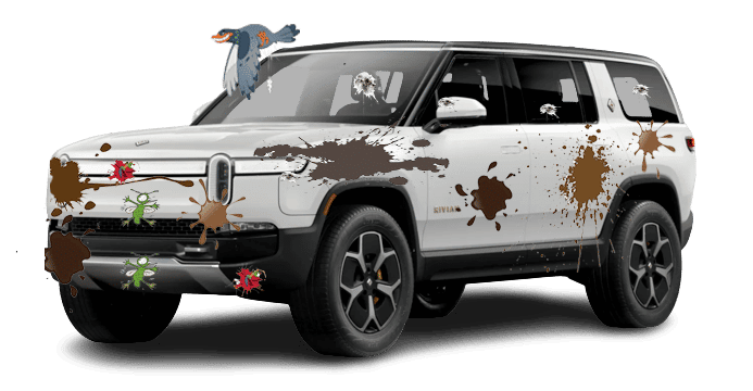 A white suv with a duck on top of it.