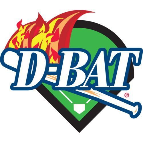 D-BAT logo with blue text, red flames, and a bat over a green and black shield.