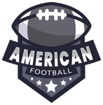 American football logo with a stylized ball, shield, and stars in navy, gray, and white