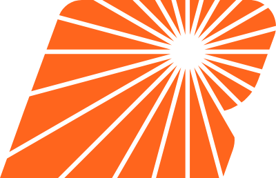 Orange and white abstract logo with radiating sunburst lines