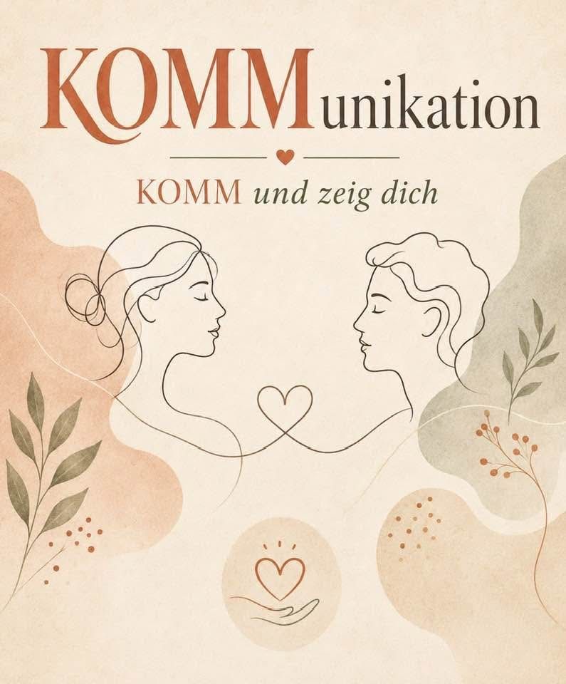 Poster mit dem Schriftzug „Kommunikation“, zwei umrissenen Gesichtern und Herzzeichnungen in warmen Beige- und Orangetönen