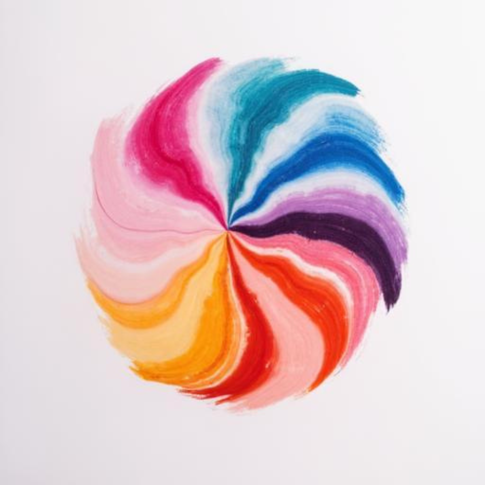 Farbenfroher, abstrakter Wirbel aus rosa, blauen, violetten, orangen und roten Pinselstrichen auf weißem Hintergrund