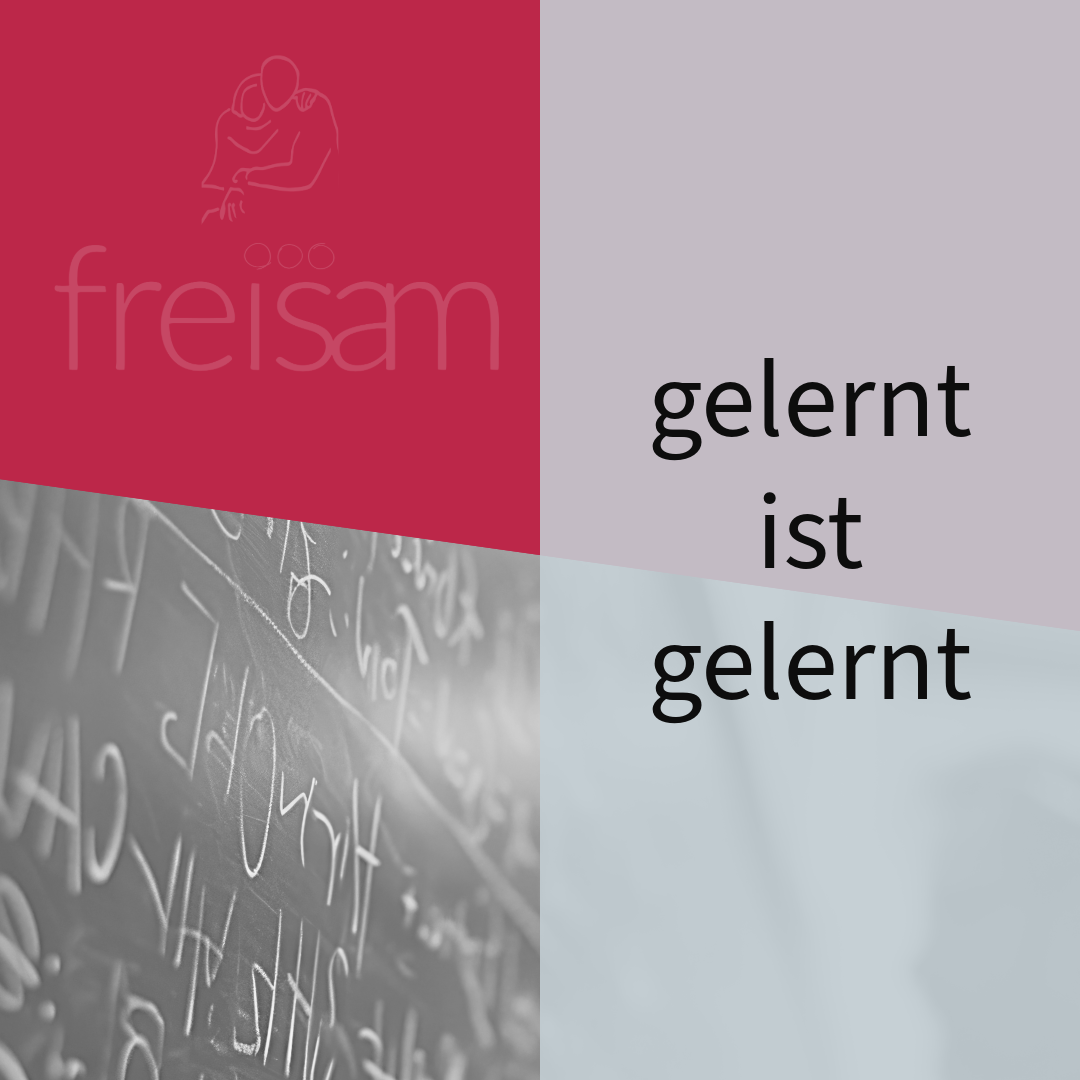 German quote graphic with chalkboard background: “gelernt ist gelernt” and freisam logo.