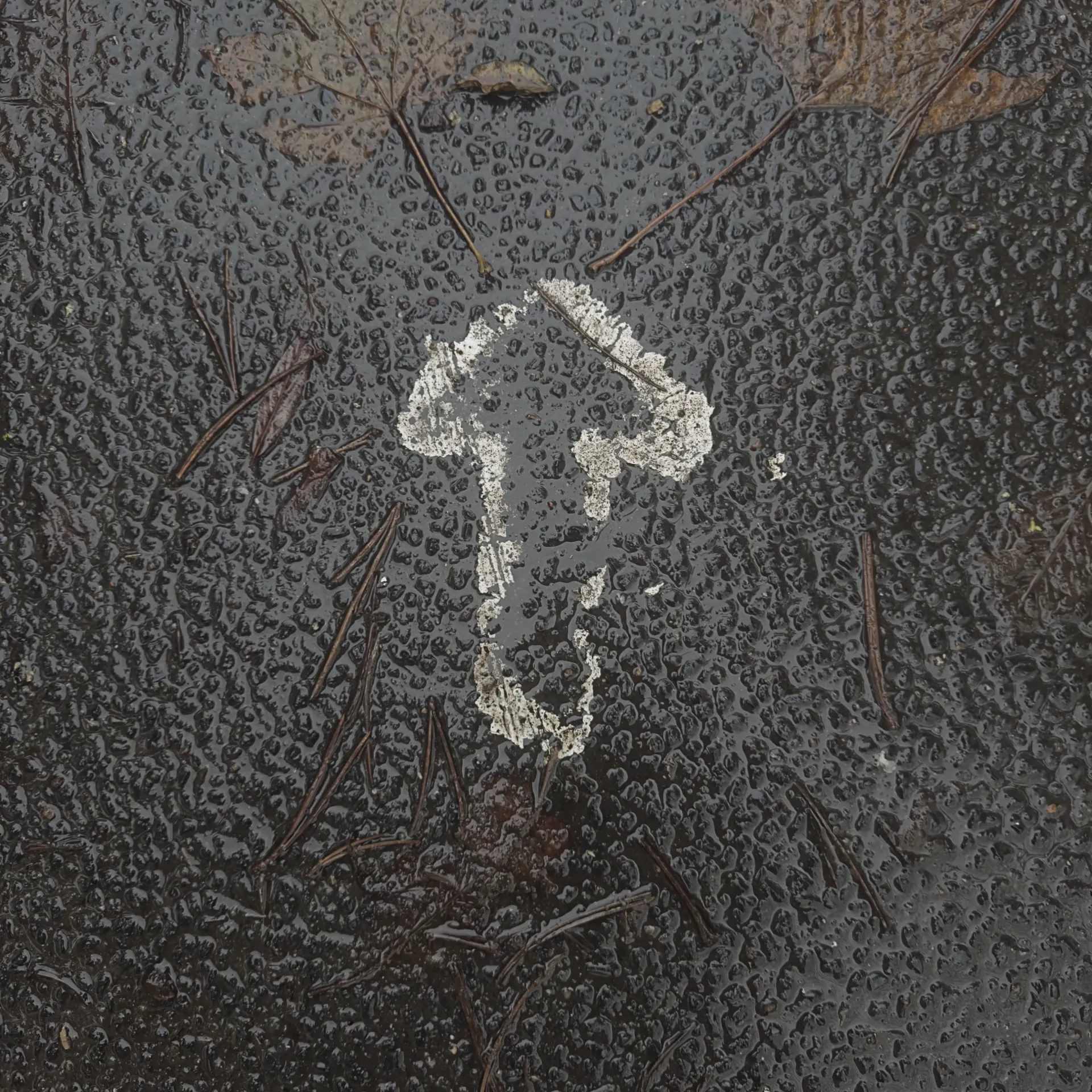 Foto von einem weissen, kleinen Pfeil auf dem Asphalt eines Weges.