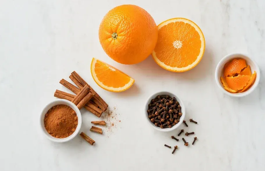 A cutting board topped with oranges, cloves and cinnamon.