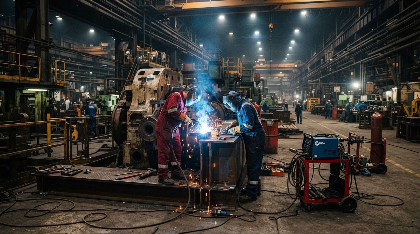 Workers welding metal in a dim industrial workshop, with bright sparks and equipment around them.
