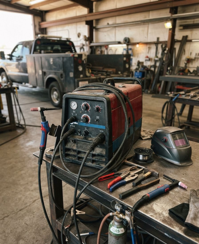 Welding equipment and tools on a workbench in a garage, with a truck in the background
